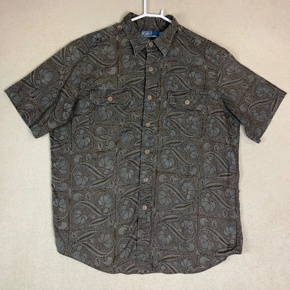 Polo Ralph Lauren Shirt Mens Large Brown Paisley Floral Button Down EUC